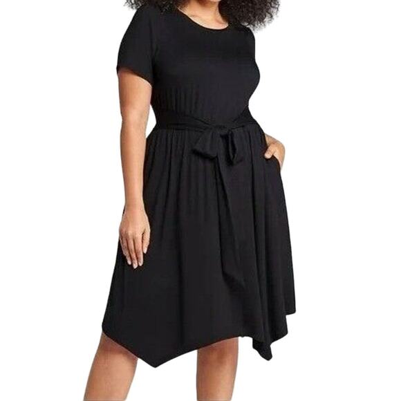 Lane Bryant Black Handkerchief Hem Dress Women Sz 20 Jersey Knit Stretch Pockets - Picture 1 of 13